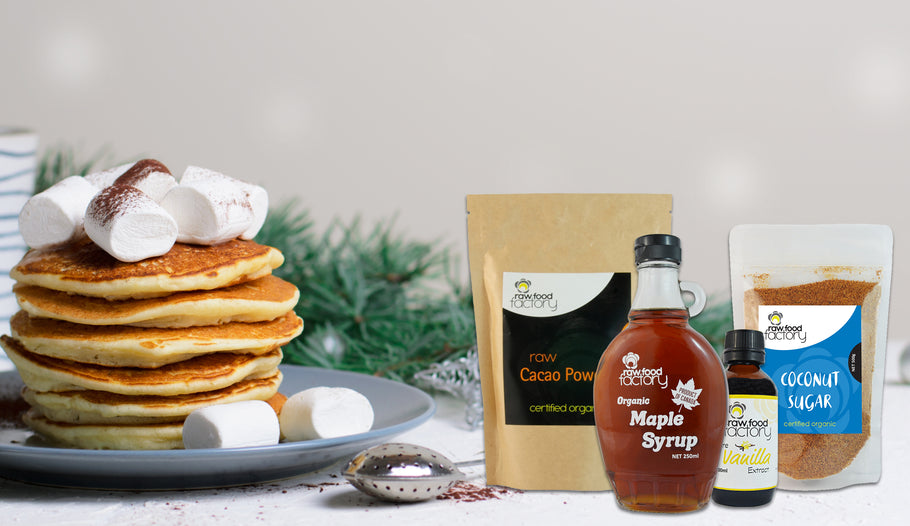 Christmas Morning Cacao Coconut Pancakes with Maple Syrup!